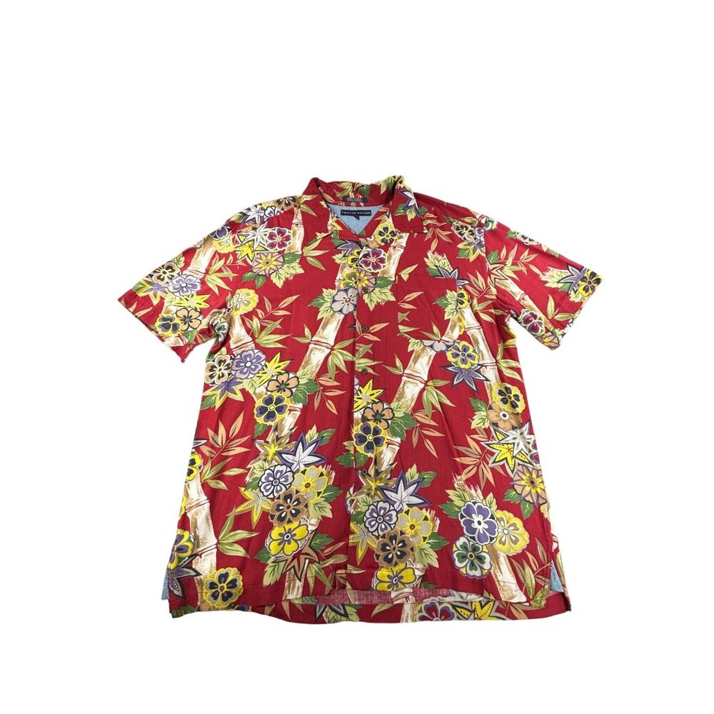 Tommy Hilfiger Red Floral Hawaiian Shirt Mens XL Rayon Camp  Resort Travel